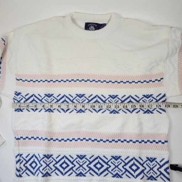 Vintage Aspetuck Trading Co Geometric Knit Sweater White Blue Pink Men's L USA - Picture 6 of 6